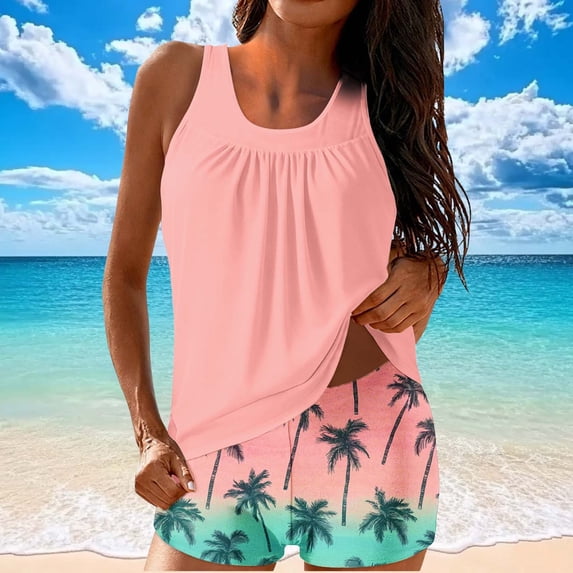 Aboser Womens Two Piece Tankini Bathing Suits with Shorts Funny Tropical Print Beachwear Loose Fit Summer Modest Bathing Suit Tummy Control High Waisted Tankinis Sets Multicolor XXL
