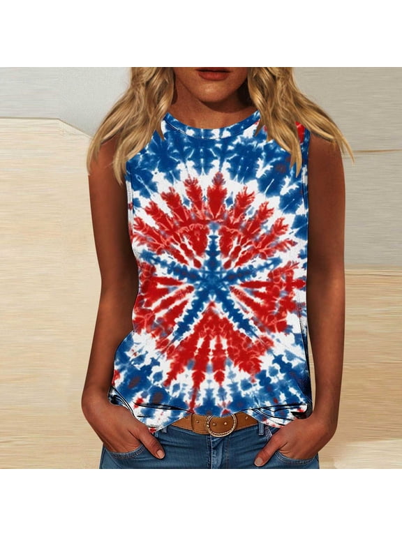Womens USA Stars Tank Tops Trendy Tie Dye Stripes Graphic Tees Casual Sleeveless Patriotic Shirts 4th of July USA T-Shirt Plus Size Summer Crewneck Tee Shirts