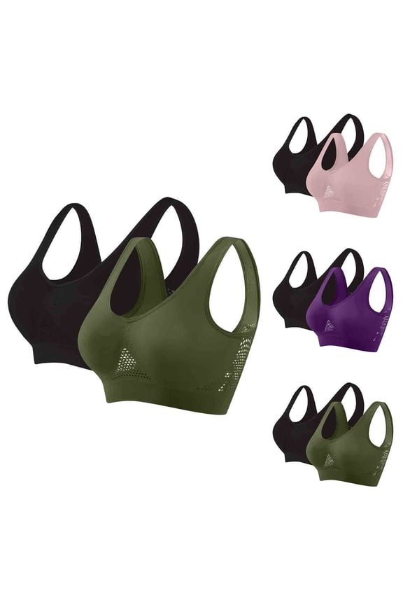 Womens No Underwire Sports Bras 2 Pack High Impact Supportive Workout Bras Plus Size Wireless Pullover Bralette Breathable Full Coverage Running Bra