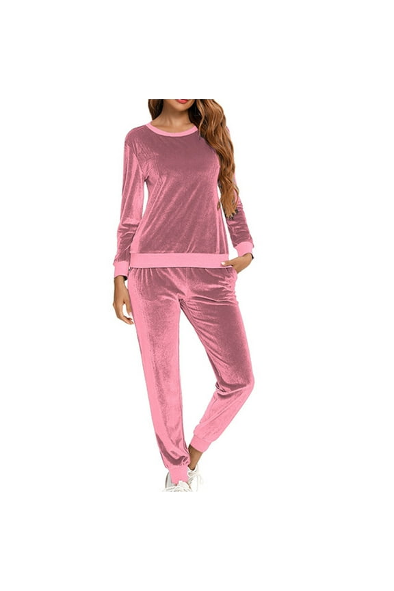 Womens Velour Sets 2 Piece Outfits Lng Sleeve Lounge Set Velvet Pajama Set Crew Neck Sweatshirt and Elastic Waist Sweatpant Sweatsuit
