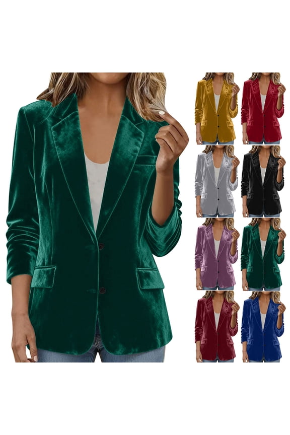Womens Velvet Blazer Jackets Dressy Open Front Suit Coat Casual Notch Collar Blazers Solid Color Long Sleeve Jacket Coat