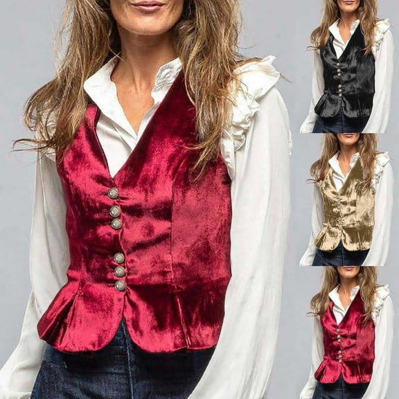 Aboser Womens Vintage Velvet Suit Vest Elegant V Neck Party Vests Button Down Sleeveless Dress Waistcoat Outerwear Evening Party Jackets