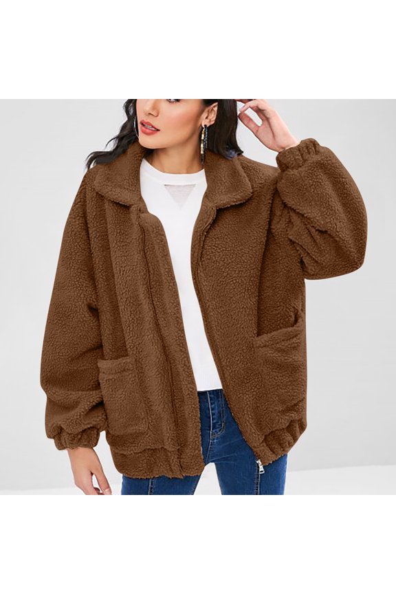 Womens Warm Fleece Jacket Coat Thick Sherpa Jackets Zipper Up Winter Coats Solid Long Sleeve Outerwear Fuzzy Plush Jacket with Pockets Brown XL
