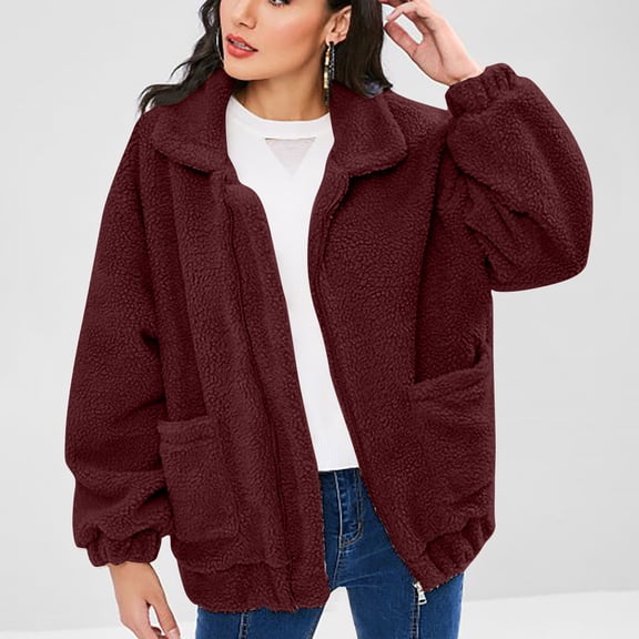 Aboser Womens Warm Fleece Jacket Coat Thick Sherpa Jackets Zipper Up Winter Coats Solid Long Sleeve Outerwear Fuzzy Plush Jacket with Pockets Red M Red M