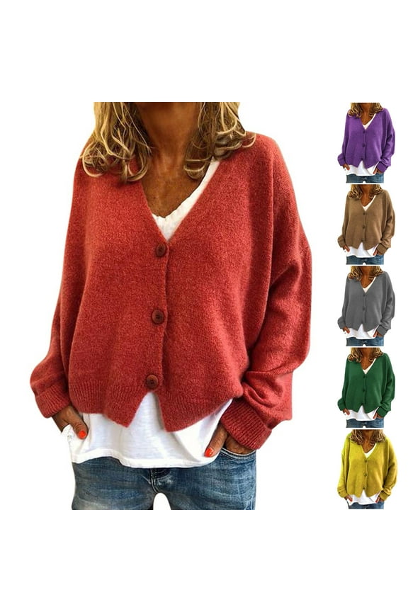 Womens Warm Woolen Cardigan Sweaters Loose Fit Boyfriend Cardigans Button Up V Neck Sweater Coats Cozy Soft Long Sleeve Knit Outwear