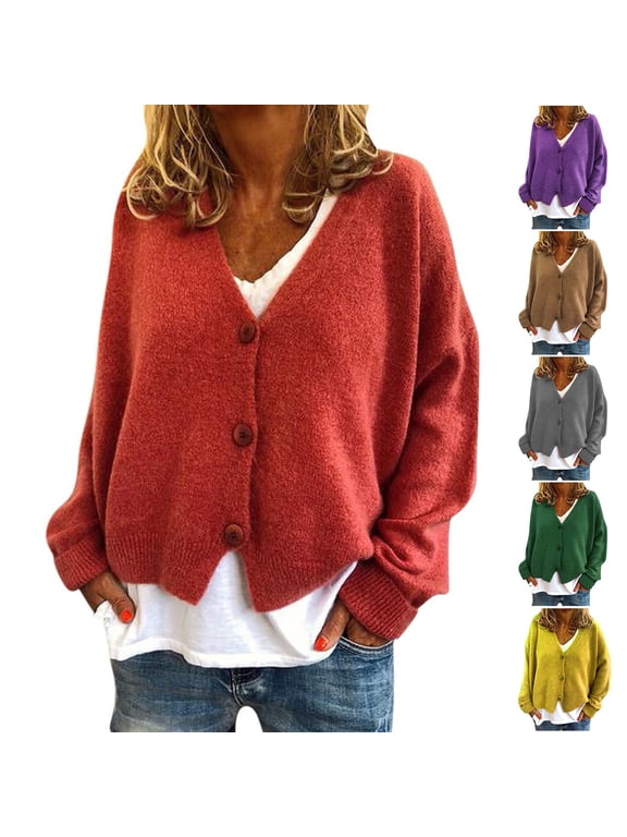 Womens Warm Woolen Cardigan Sweaters Loose Fit Boyfriend Cardigans Button Up V Neck Sweater Coats Cozy Soft Long Sleeve Knit Outwear