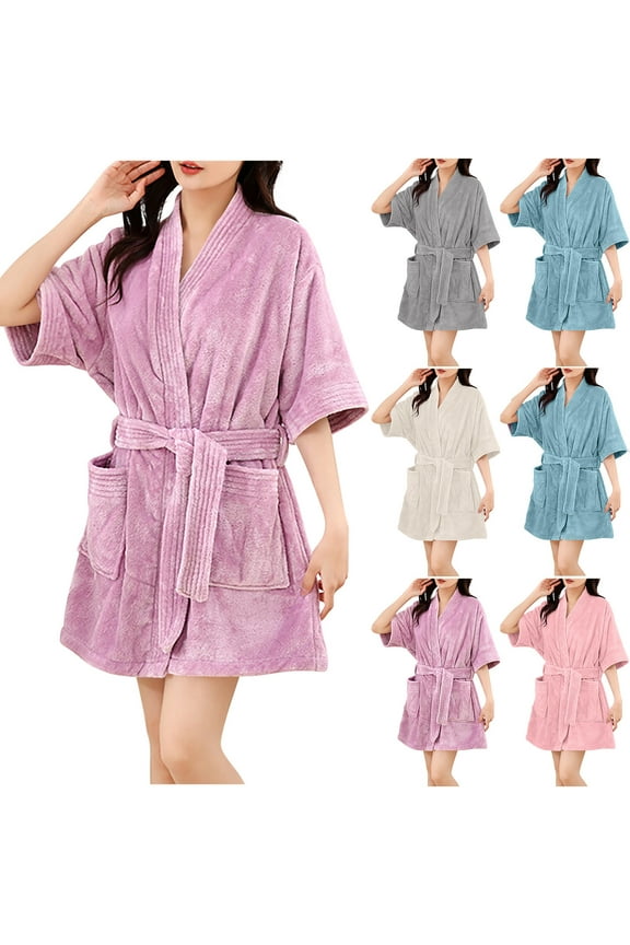 Womens Washable Towel Robe Fuzzy Fleece Short Bathrobes Belted Half Sleeve Loungewear Absorb Water Quick Dry Robes Loose Fit Wrap Bathrobe After Shower Purple Free Size