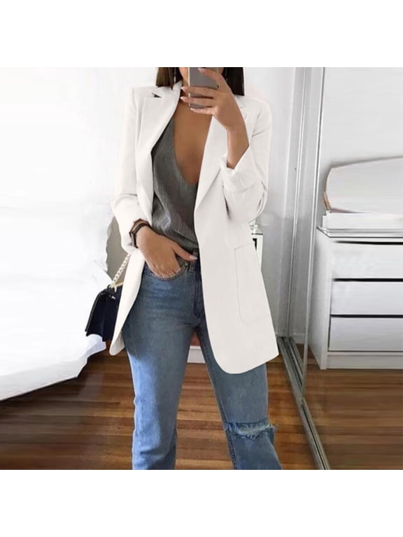 Womens White Blazers Business Casual Lapel Long Blazer Long Sleeve Lightweight Jacket Button Work Office Cardigan with Pockets