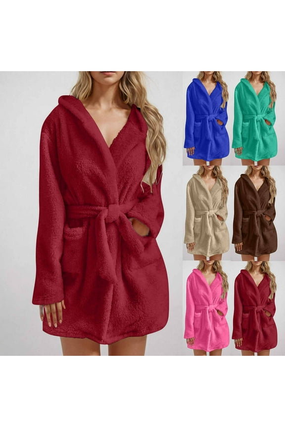 Womens Winter Fleece Robes Fuzzy Plush Short Bathrobes Thermal Casual Hooded Loungewear Soft Long Sleeve Towel Robe with Pockets Brown L