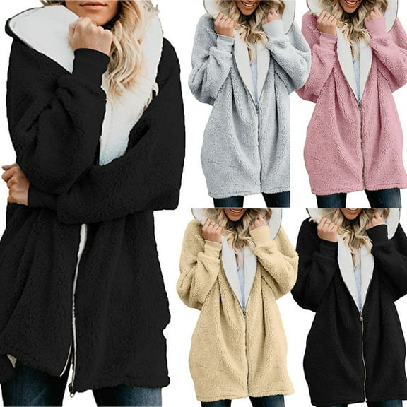 Aboser Womens Winter Jackets Fuzzy Fleece Sherpa Hooded Jacket Thermal Zip Up Coats Fluffy Plush Hoodie Coat Loose Long Sleeve Outerwear with Pockets
