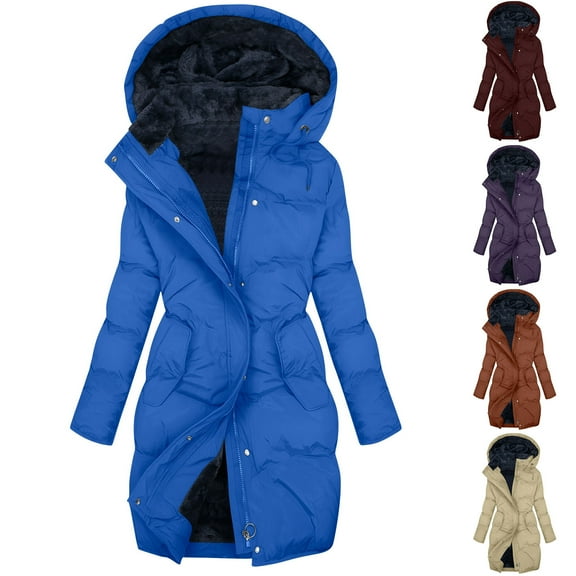 Aboser Womens Winter Quilted Jackets Plus Size Sherpa Lined Long Jacket Trendy Bubble Coat Warm Casual Long Sleeve Hooded Coat Cozy Full Zip Outerwear with Pockets