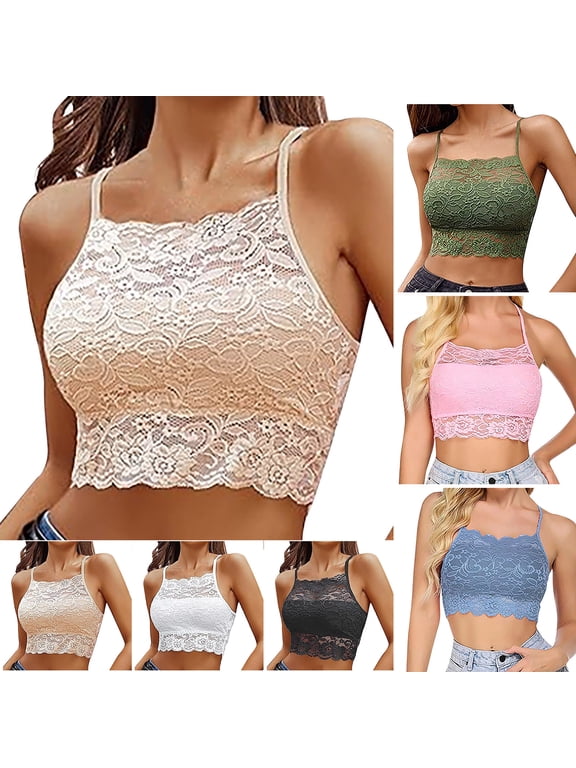 Womens Wireless Lace Bralette Push Up Longline Bras Backless No Underwire Bras Spaghetti Strap Tank Top Slim Square Neck Basic Camisoles