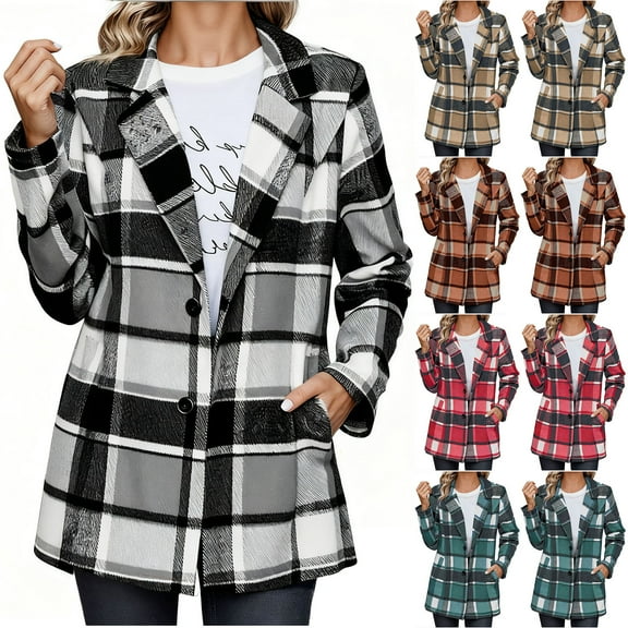 Aboser Womens Woolen Blend Plaid Shackets Vintage Tartan Treach Coats Dressy Casual Notch Collar Jackets Cozy Fleece Long Sleeve Shacket Jacket Loose Button Down Outerwear with Pockets