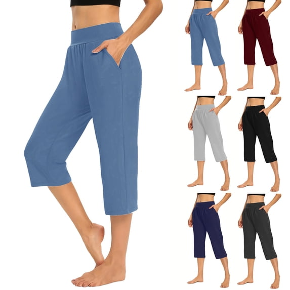 Aboser Womens Workout Capri Pants Plus Size Calf Length Capris Lightweight High Waisted Lounge Pants Loose Straight Leg Cropped Trousers with Pockets
