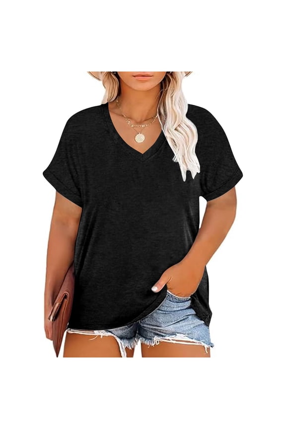 Womens Workout Tops Moisture Wicking Cotton T-Shirts Summer Short Sleeve Tshirts Plus Size V Neck Blouses Casual Plain Shirt Loose Fits Basic Tees