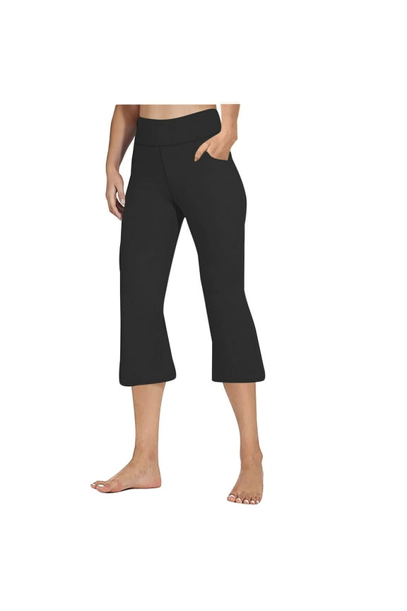 Womens Workout Yoga Capri Pants with Pockets Active High Waisted Workout Leggings Slim FIt Flare Pants Gym Running Yoga Leggings Stretchy Casual Capris