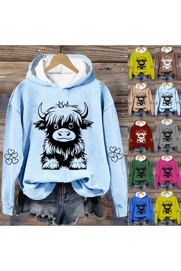 Womens Y2K Hoodies Trendy Cow Graphic Sweatshirts Fall Casual Outfit 2026 Comfort Breathable Long Sleeve Hooded Tops Loose Fit Preppy Clothes Hot Pink S