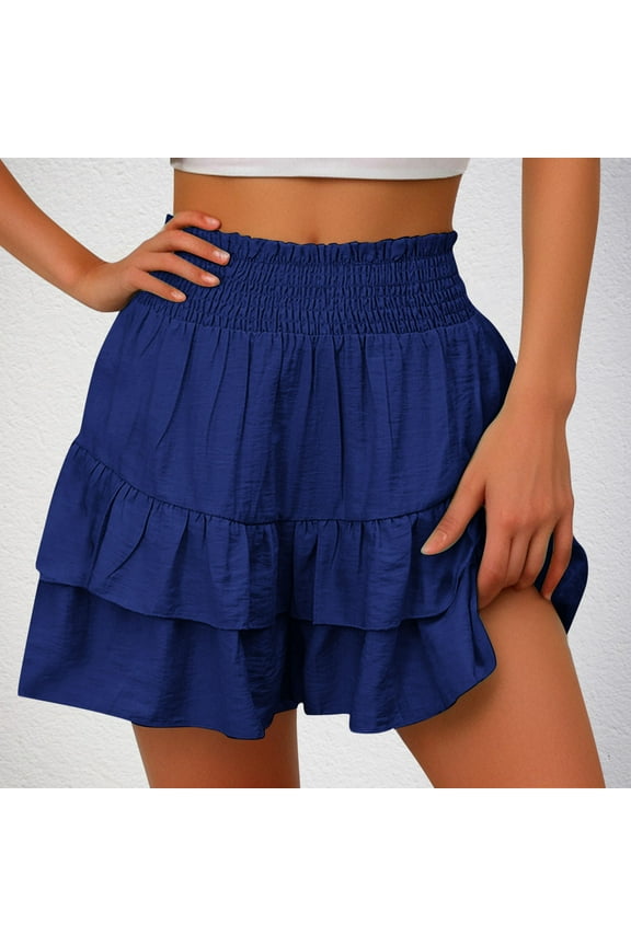 Womens Y2k Layered Ruffle Shorts Cotton Linen Flowy Bloomers Boho Mini Skirts Elastic High Waist Skorts Cute Smocked Tutu Shorts Tiered Pleated Shorts