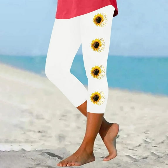 Aboser Womens Yoga Capri Leggings Trendy Sunflower Printed Capris Pants Stretch Comfy Dailywear Slim Fitted Running Workout Pants for Women Casual Summer Leggings