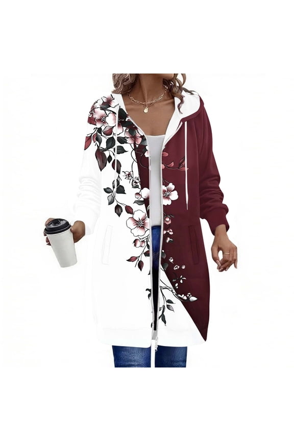 Womens Zip Up Hoodie with Pockets Long Sweatshirt Jackets Trendy Floral Printing Hoodies Casual Long Sleeve Jacket Coat Drawstring Loose Fit Hooded Outerwear