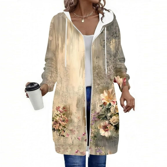 Aboser Womens Zip Up Hoodie with Pockets Long Sweatshirt Jackets Trendy Floral Printing Hoodies Casual Long Sleeve Jacket Coat Drawstring Loose Fit Hooded Outerwear