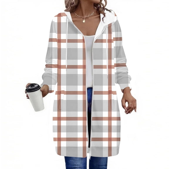 Aboser Womens Zip Up Plaid Hoodie with Pockets Long Sweatshirt Jackets Trendy Checked Printing Hoodies Casual Long Sleeve Jacket Coat Drawstring Loose Fit Hooded Outerwear
