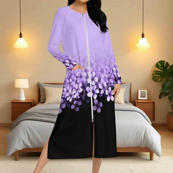 Aboser Womens Zip Up Lounger Robes with Pockets Casual Long Duster Housecoat Trendy Colorblock Floral Sleepwear Loose Full Length Bathrobe 2026