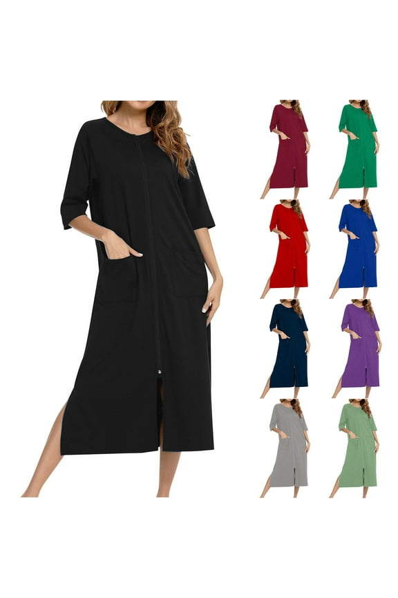 Womens Zip Up Robes with Pockets Loose Fit 3/4 Sleeve Bathrobes Casual Raglans Long Sleepwear Solid Color Crewneck Nightgowns Gray L