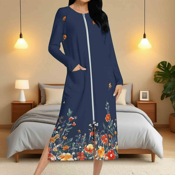 Aboser Womens Zipper Robes for Travel Trendy Floral Printed Housecoat Long Sleeve Full Length Loungewear Moisture Wicking Nightgown Lightweight Bathrobe with Pockets