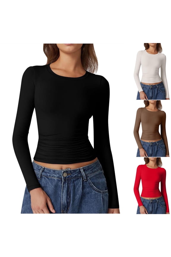 Y2k Crop Tops for Women Slim Fit Long Sleeve Basic Tees Solid Color Cropped Tshirts Cozy Soft Round Neck Tee Top Going Out T-Shirt Black L