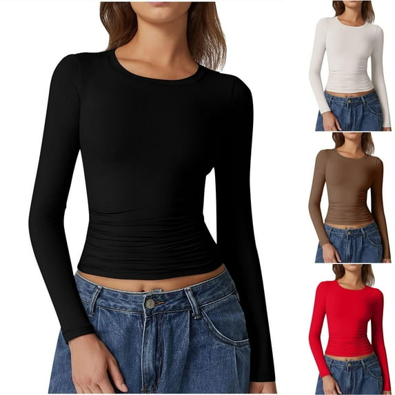 Aboser Y2k Crop Tops for Women Slim Fit Long Sleeve Basic Tees Solid Color Cropped Tshirts Cozy Soft Round Neck Tee Top Going Out T-Shirt Coffee XS