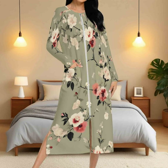 Aboser Zip Front Housecoat for Women Long Sleeve Soft Nightgown Robe Vintage Floral Graphic Sleepwear Casual Full Length Loungewear Lightweight Bathrobe with Side Pockets