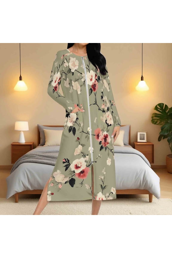 Zip Front Housecoat for Women Long Sleeve Soft Nightgown Robe Vintage Floral Graphic Sleepwear Casual Full Length Loungewear Lightweight Bathrobe with Side Pockets