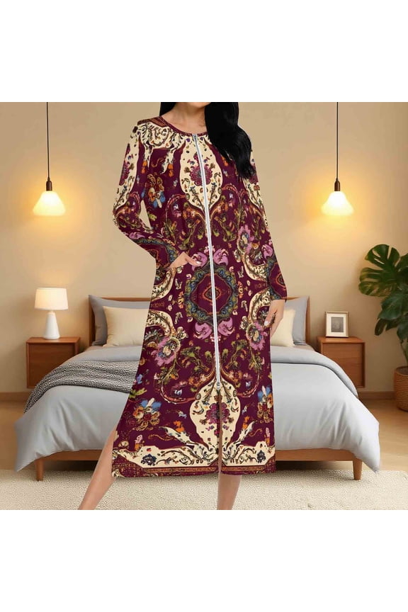 Zip Up Housecoat for Women Long Sleeve House Dress Vintage Western Tribal Print Robes Breathable Zipper Front Nightgown Casual Full Length Loungewear with Side Pockets