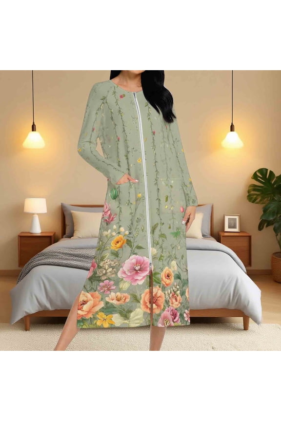 Zip Up Housecoat for Women Vintage Floral Graphic Robes Casual Long Sleeve Nightgown Ultra Soft Jersey Loungewear Loose Full Length Long Sleepwear with Pockets