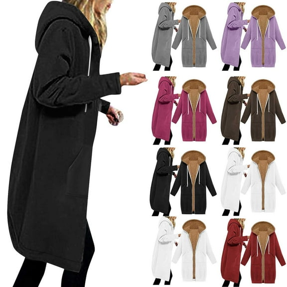 Aboser Zip Up Long Hoodies for Women Winter Fleece Lined Jackets Loose Long Sleeve Hooded Sweatshirts Drawstring Casual Hoodie Coats with Pockets Khaki M