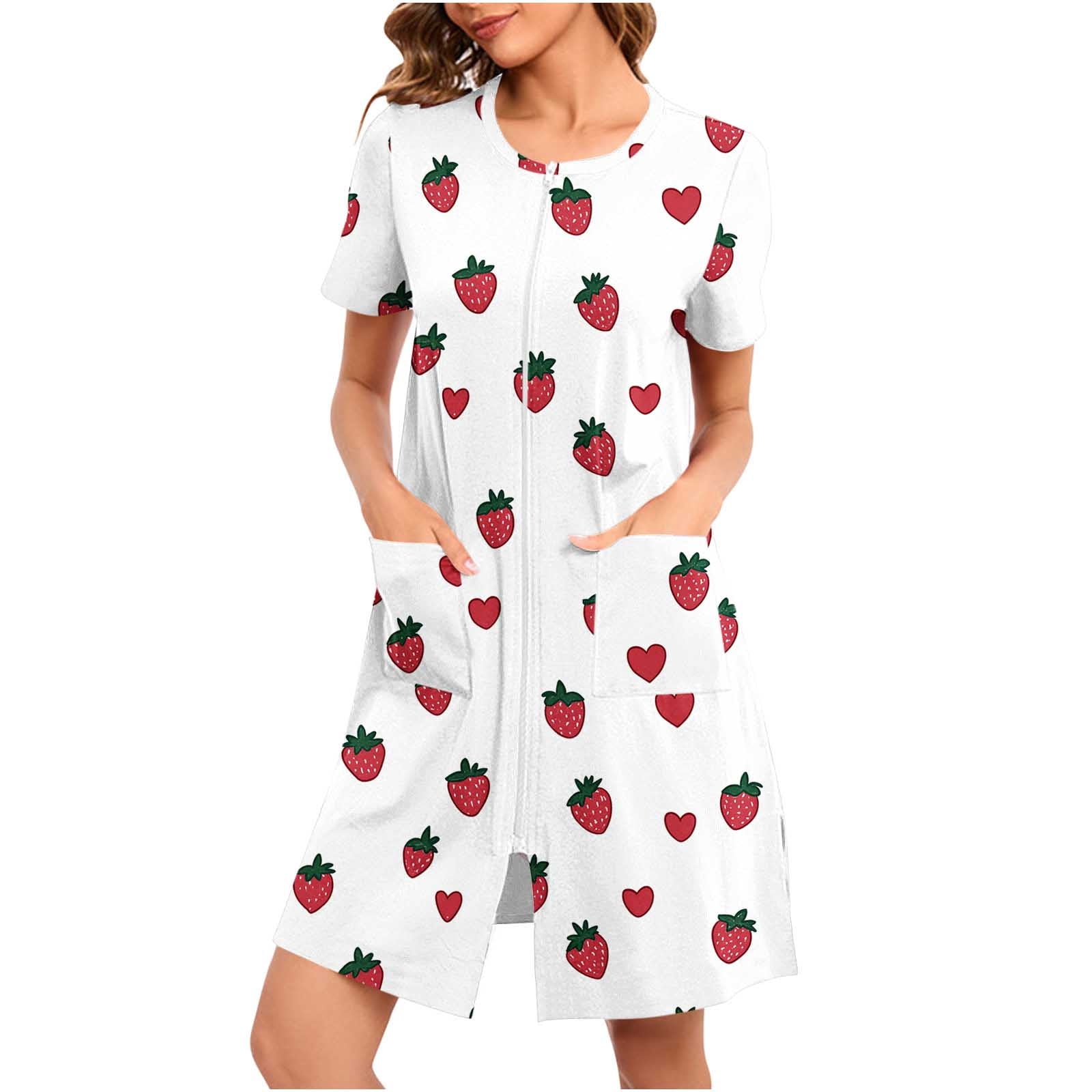 Aboser Zip Up Robes for Women Short Sleeve Nightshirts Cute Strawberry ...