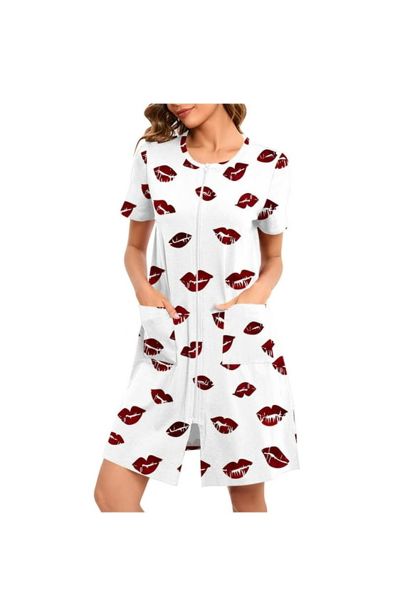 Zip Up Robes for Women Short Sleeve Sleepwear Trendy Lip Printing Bathrobes Loose Fit Short Nightdress Soft Cozy Crewneck Loungewear with Pockets White S