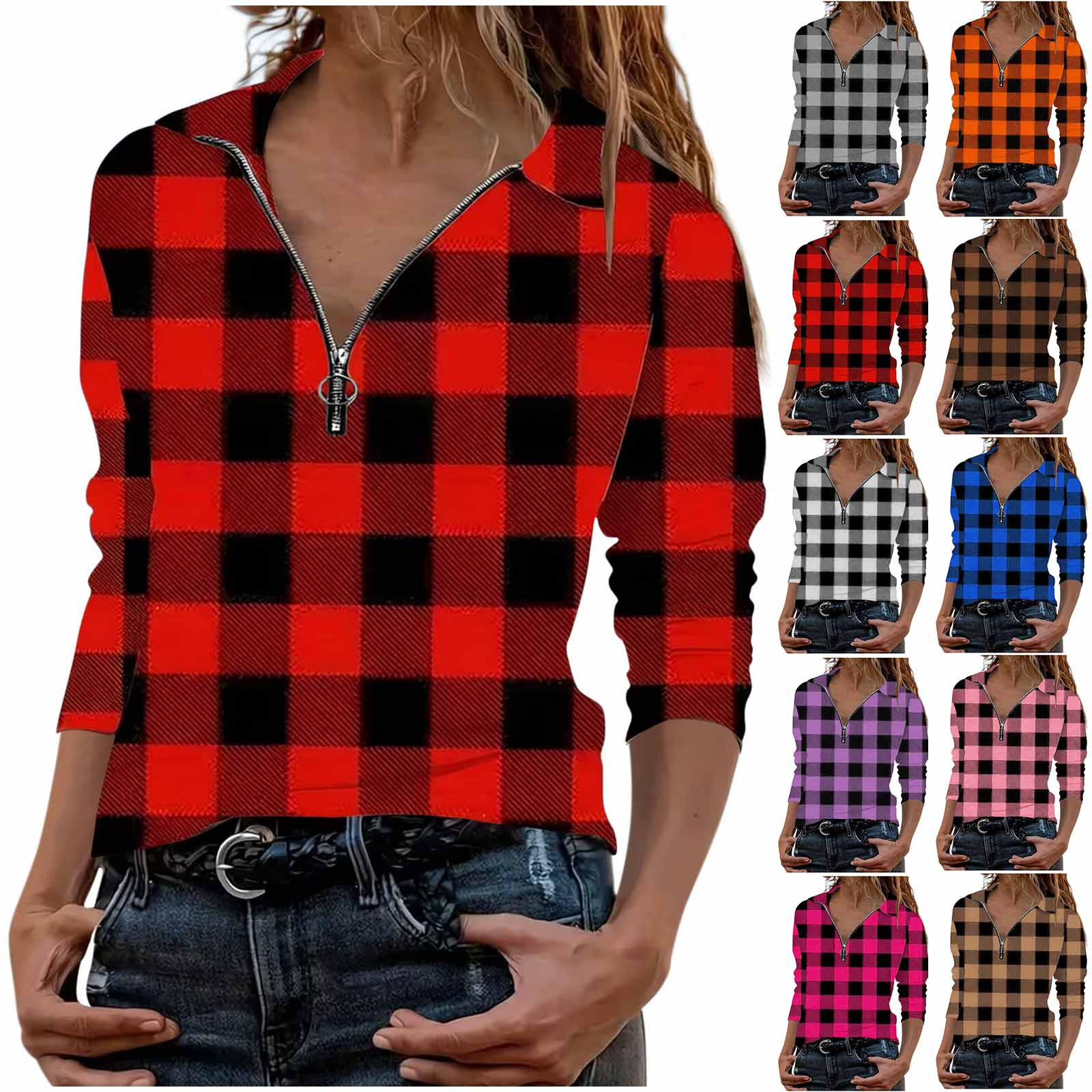 Aboser Zip Up Tops for Women Long Sleeve Plaid Print Shirts Lightweight Lapel Collar Golf Shirt Trendy Casual Basic Tops Red Black Checked Graphic Shirts