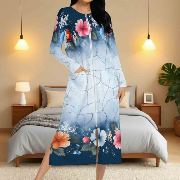 Aboser Zip Up Floral Bathrobes for Women Trendy Raglan Long Sleeve Robes Loose Long Nightgown Casual Zipper Front Loungewear with Pockets