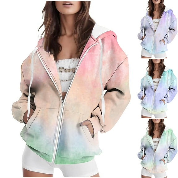 Aboser Zip Up Hoodies for Women Trendy Tie Dye Graphic Sweatshirt Jacket Drawstring Long Sleeve Hoodie Coat Loose Fleece Jackets with Pockets Pink XL