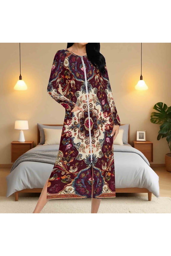 Zip Up Tribal Robes for Women Full Length Long Housecoat Vintage Western Ethnic Style Loungewear Loose Long Sleeve Nightgown with Pockets