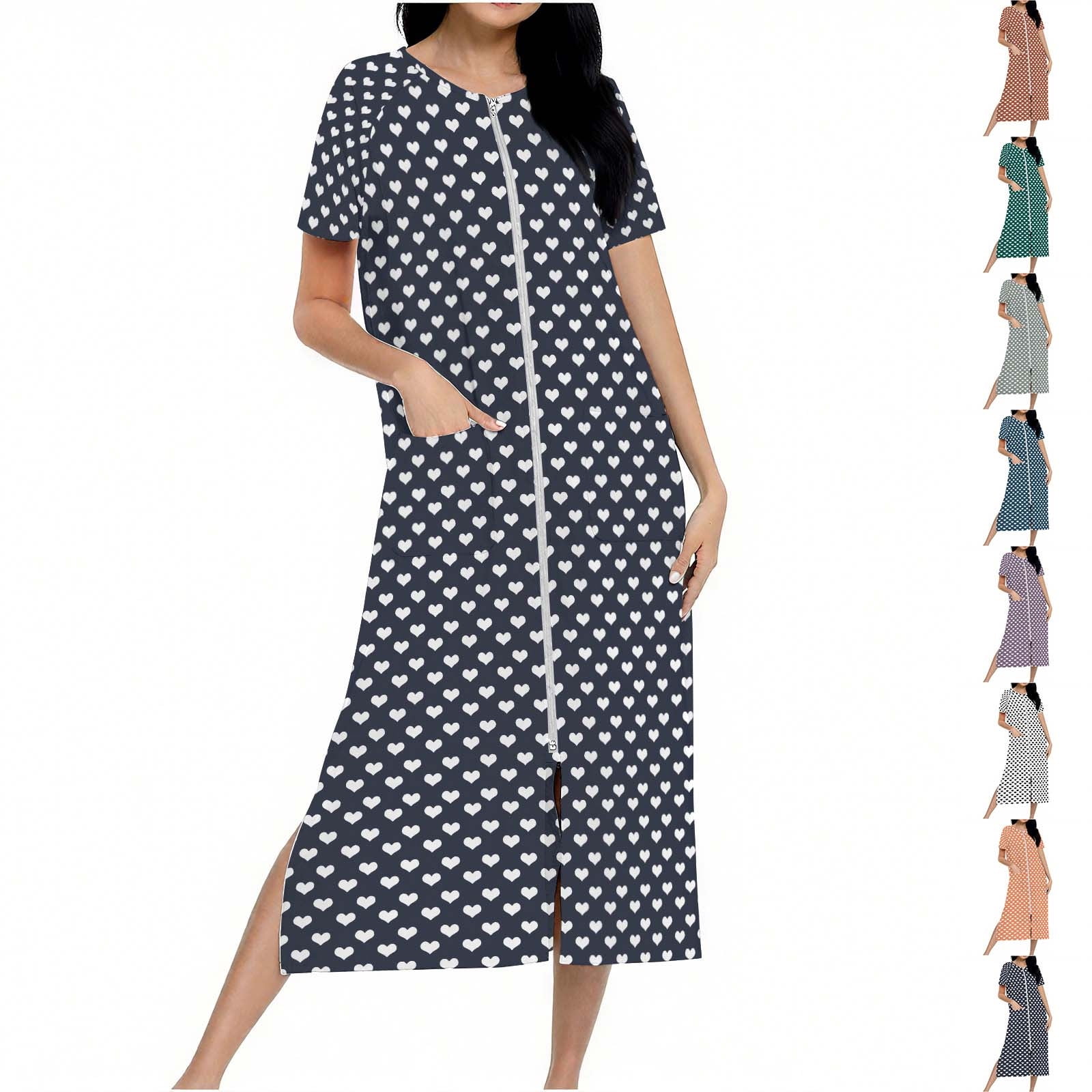 Aboser Zip up Bathrobe for Women Short Sleeve Robes Trendy Heart Prints ...