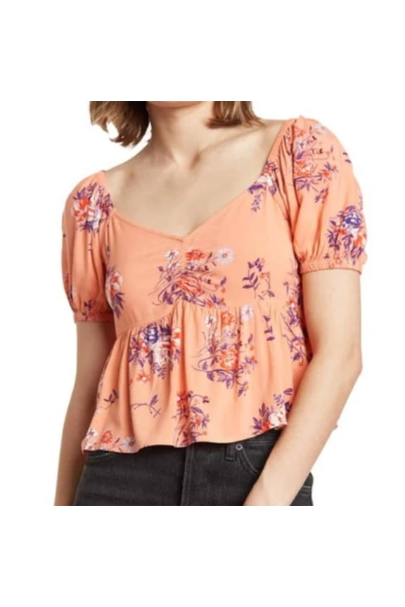 Floral Print Puff Sleeve Babydoll Top in Orange, Size XS