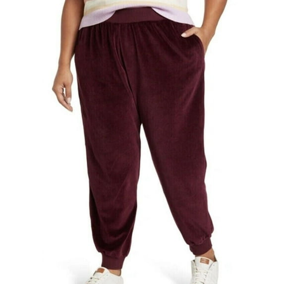 Abound Women's Burgundy Velour Jogger Pants Size Medium Elastic Waistband Pull-On