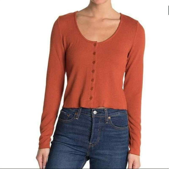 Abound Women's Long Sleeve Scoop Neck Button Front Crop Knit Top Orange S, NWT