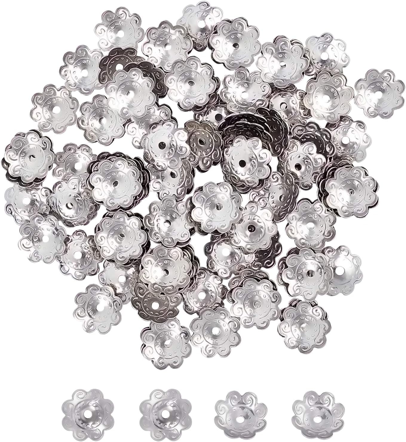 About 120pcs Hollow Flower Bead Caps Spacer End Bead Caps 8-Petal End Caps Stainless Steel Bead Cap Spacers for Bracelet Necklace Jewelry Making 10.5mm Diameter- Stainless Steel Color DIY