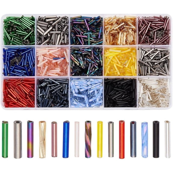About 1800 Pcs 15 Colors Glass Bugle Beads Mixed Color Screwy Bugle Beads Long Tube Bead Loose Spacer Bead Transparent Beads Clear Beads