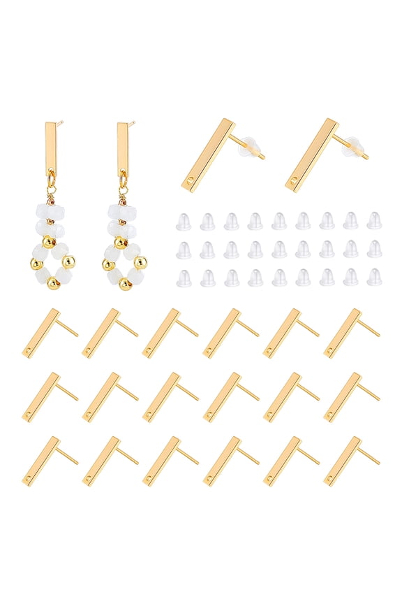 About 30Pcs 18K Gold Plated Rectangle Earring Posts Bar Stud Earrings Findings Rectangle Stud Earrings Pierced Post Studs Earring with 60Pcs Plastic