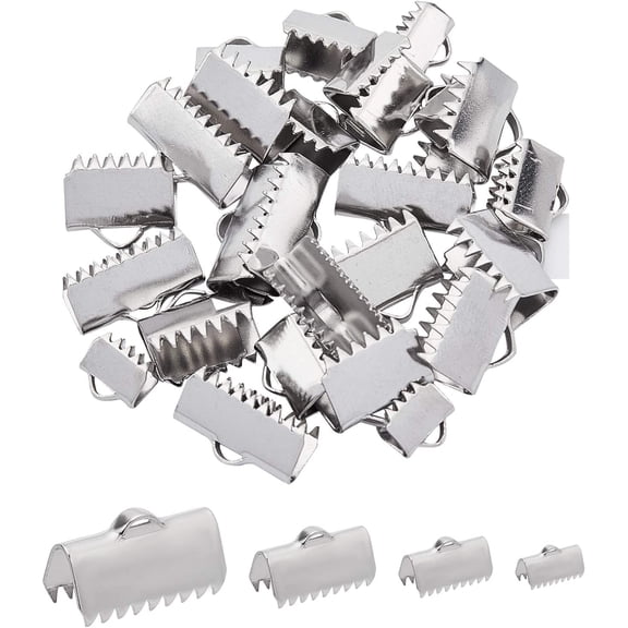 About 4 Sizes 40pcs Rectangle Ribbon Ends Stainless Steel Ribbon Clamp Crimps with Loop Ribbon Ends Fastener Clasp Leather Crimp Ends